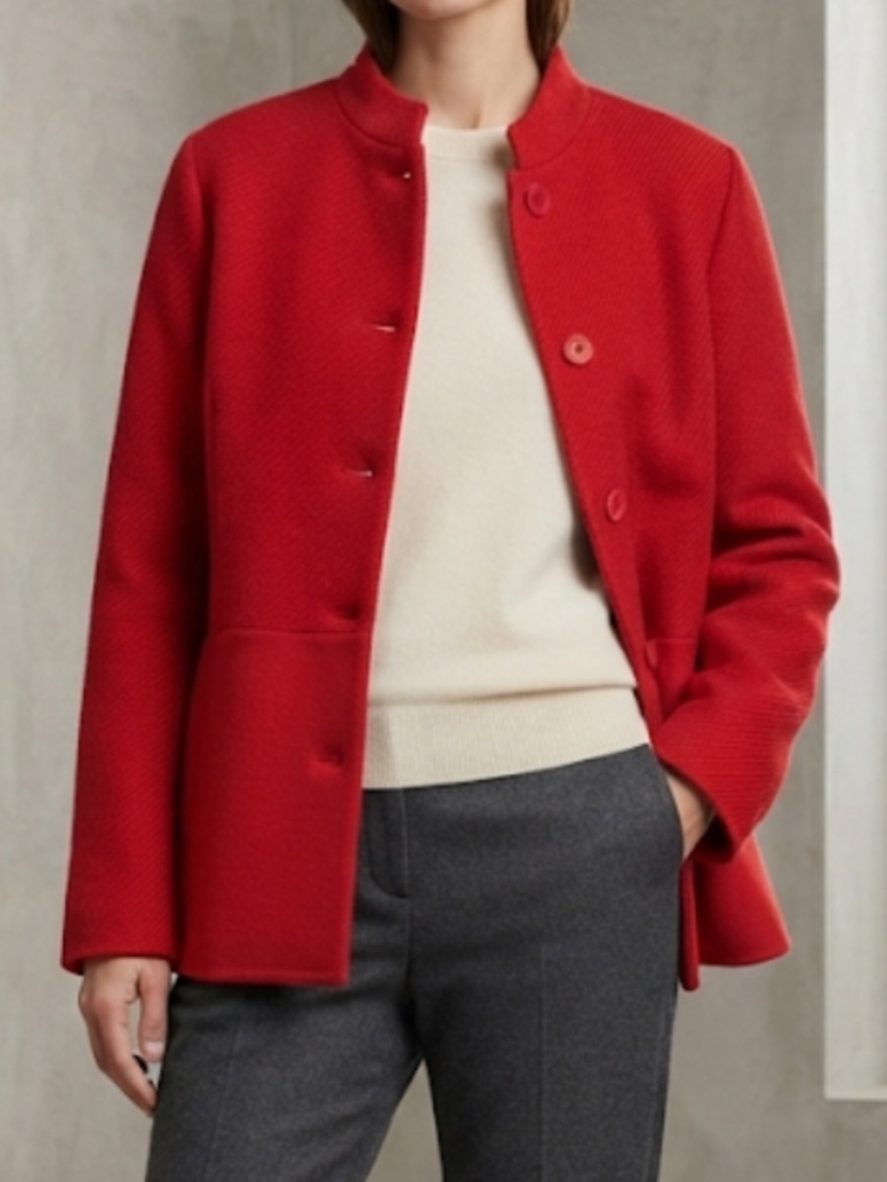 Eileen Fisher Coat Virgin Wool & Cashmere Red Coat Blazer Button Front Pockets